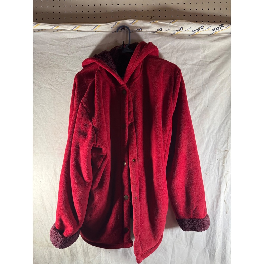 Cuddl Duds Red Fleece Sherpa Lined Hooded Snap Front Jacket Womens XL Burgundy